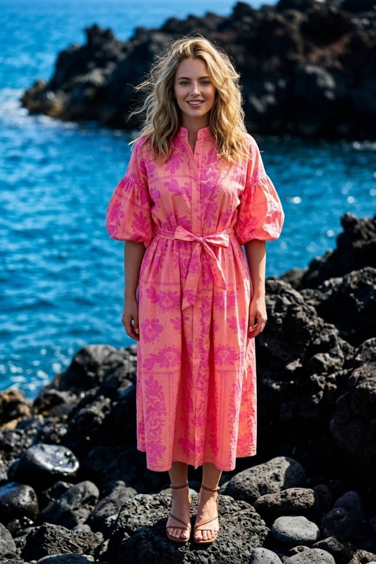 Bedrucktes Baumwollkleid mit Knöpfen: Rosa / SIE