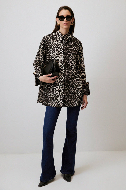 Leopardenmuster Baumwollhemd mit breiten Manschetten: Leopar / S