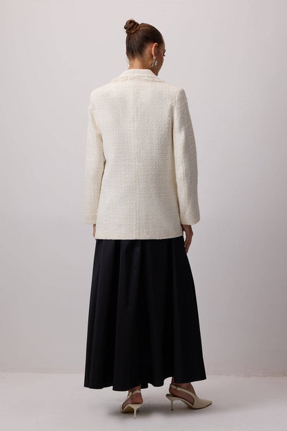 TWEEDJACKE MIT FRANSEN: Ecru / S