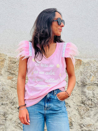 Plumas Actitude T-Shirt mit V-Ausschnitt und Feder-Details: S