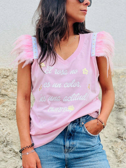 Plumas Actitude T-Shirt mit V-Ausschnitt und Feder-Details: S