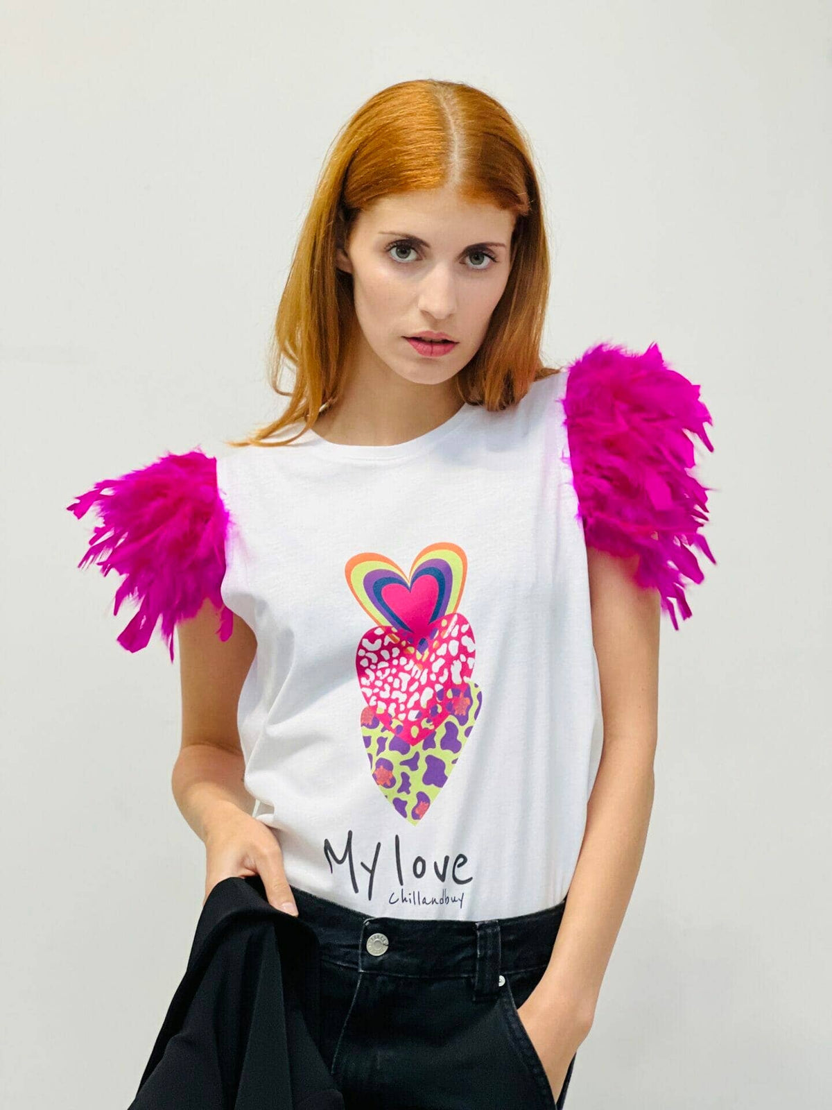 My Love T-Shirt mit Federn in Fuchsia: Leere / S