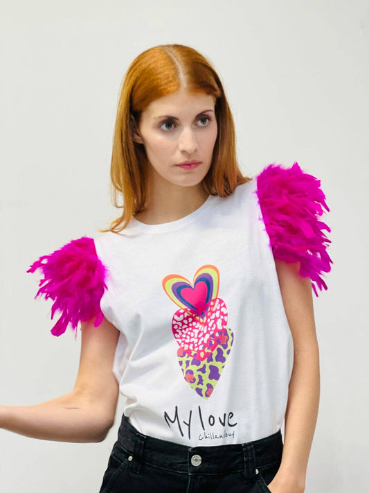 My Love T-Shirt mit Federn in Fuchsia: Leere / S