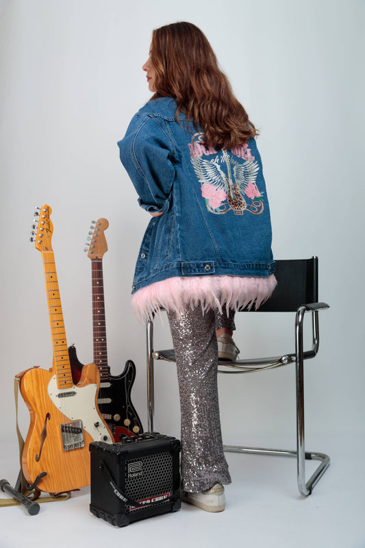 Festival Guitar Damenjacke mit pinken Federn: M