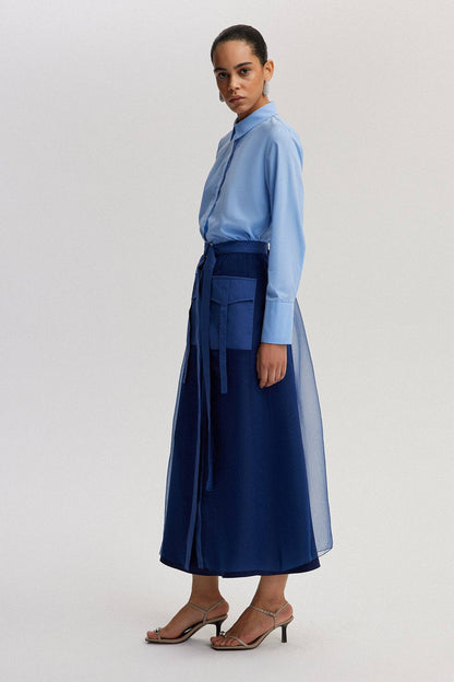 Mehrlagiger Organza-Maxirock mit Gürtel – transparente Überlagerung: Navy Blau / Standart