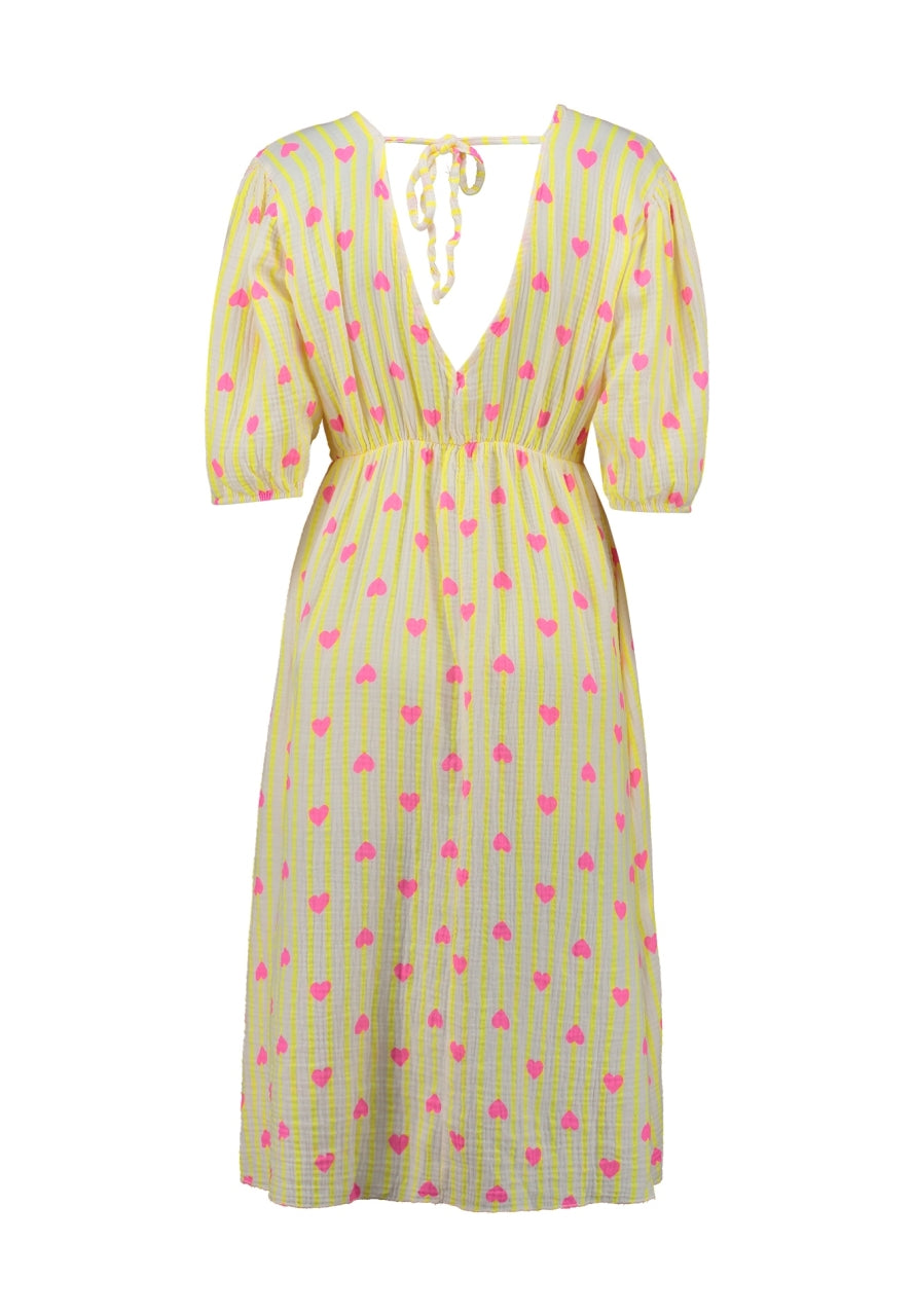 Kleid Buttergelb/ Pinke Herzen