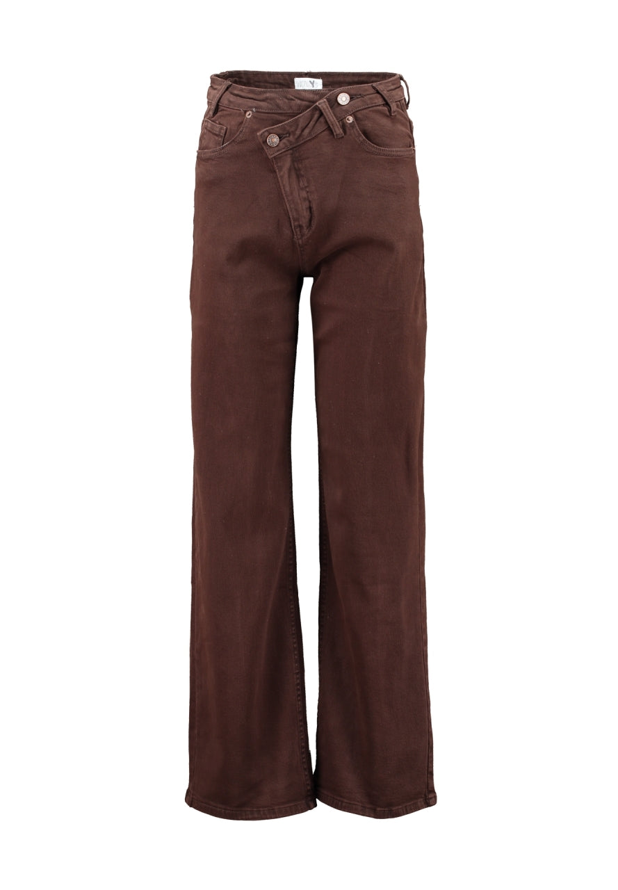 Wide-Leg-Jeans High Waist mit Überkreuz-Bund – Schokobraun