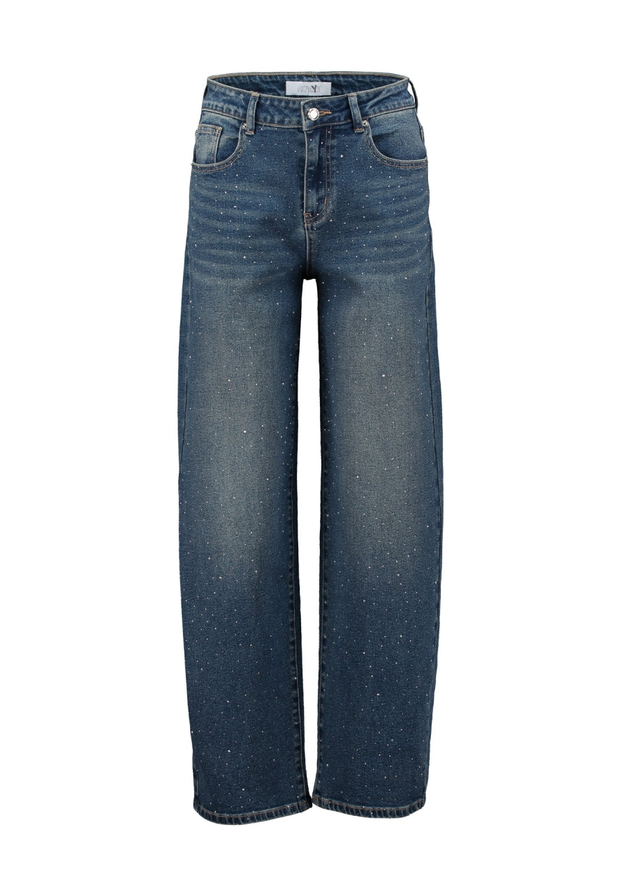 Glitzer-Jeans High Waist mit weitem Bein – Mid Blue