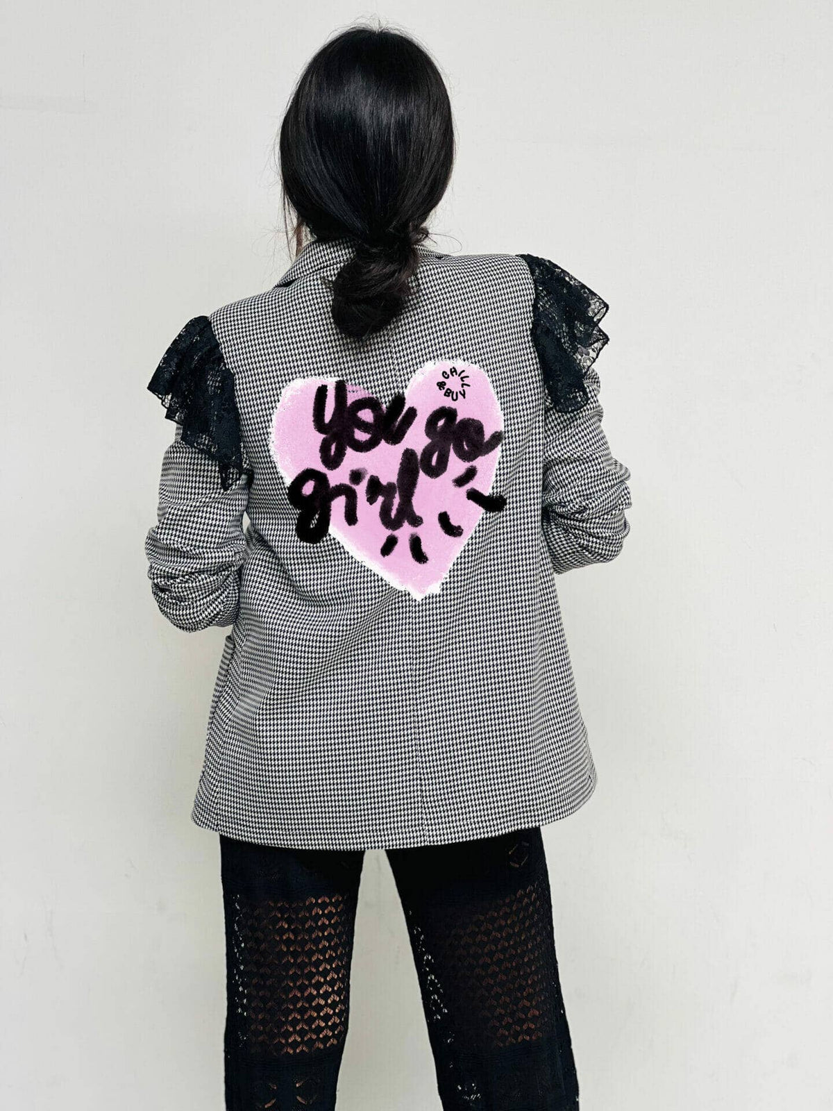 Go Girl Blazer mit Hahnentritt- und Spitzenvolants: Hahnentrittmuster / S