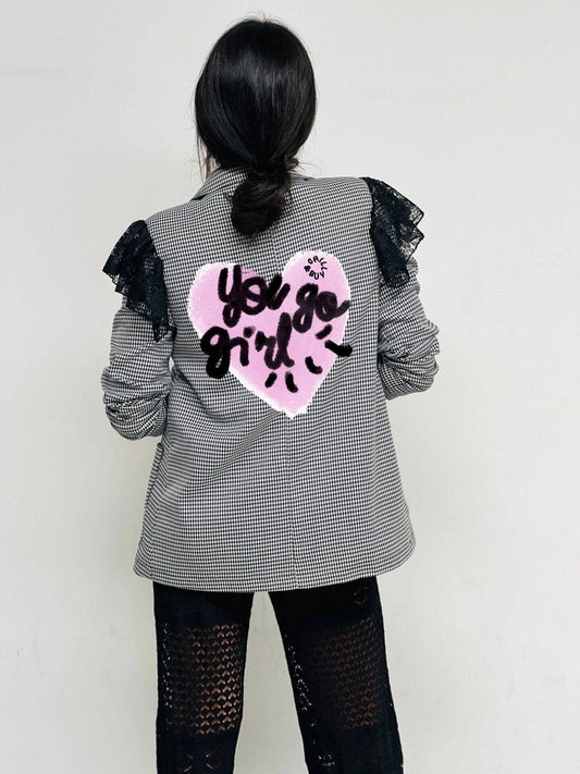 Go Girl Blazer mit Hahnentritt- und Spitzenvolants: Hahnentrittmuster / S