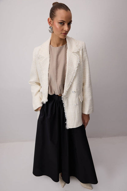TWEEDJACKE MIT FRANSEN: Ecru / M