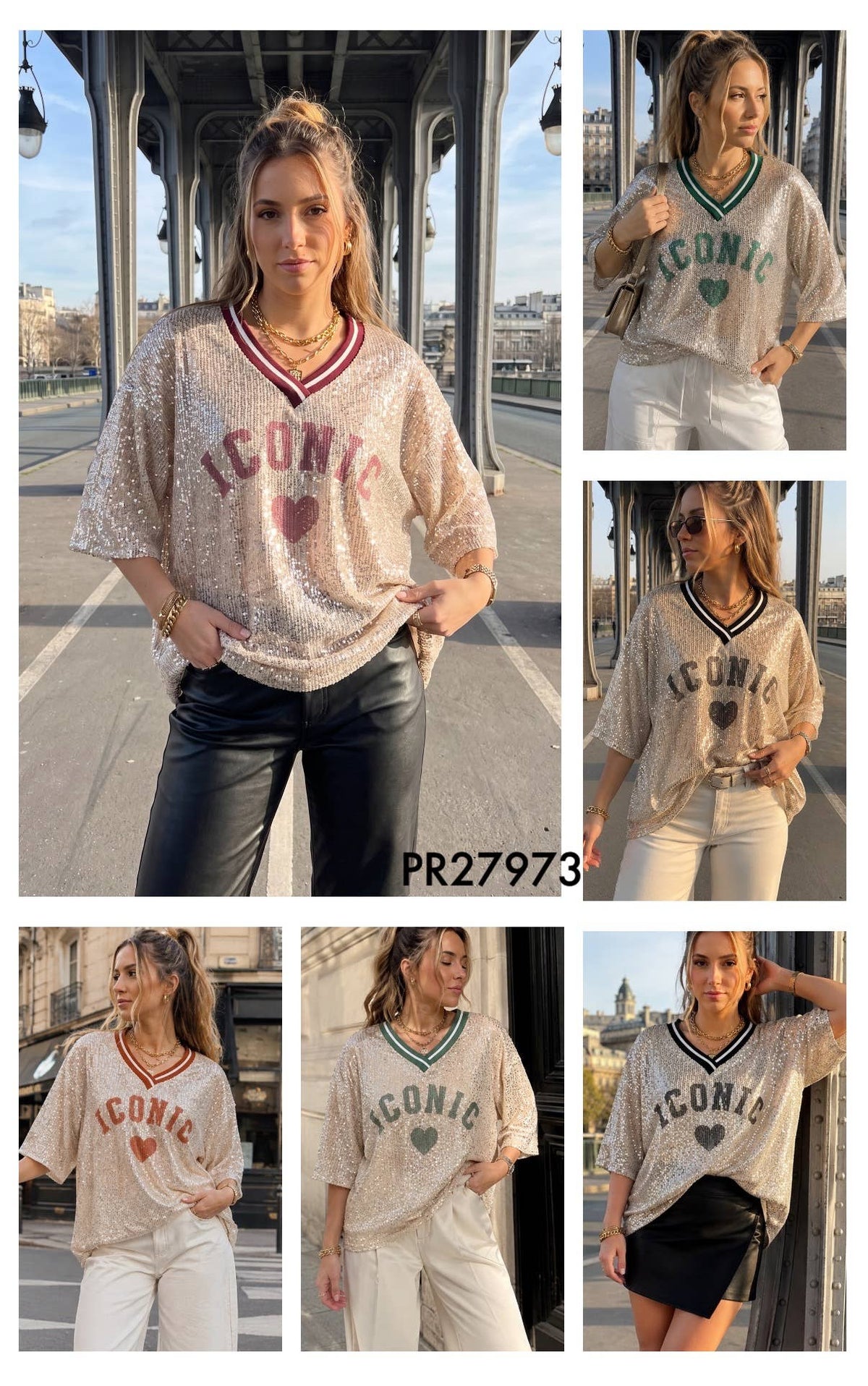 Pailletten-Top mit V-Ausschnitt: Khaki / SIE