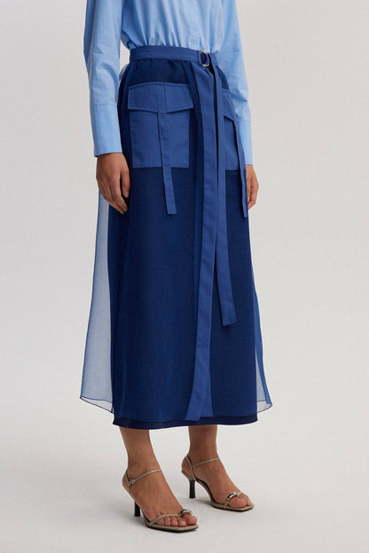 Mehrlagiger Organza-Maxirock mit Gürtel – transparente Überlagerung: Navy Blau / Standart
