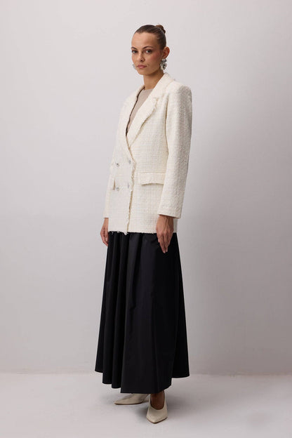 TWEEDJACKE MIT FRANSEN: Ecru / S