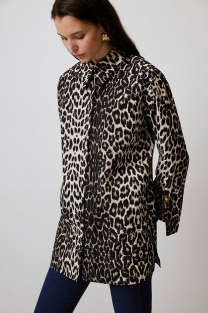 Leopardenmuster Baumwollhemd mit breiten Manschetten: Leopar / S