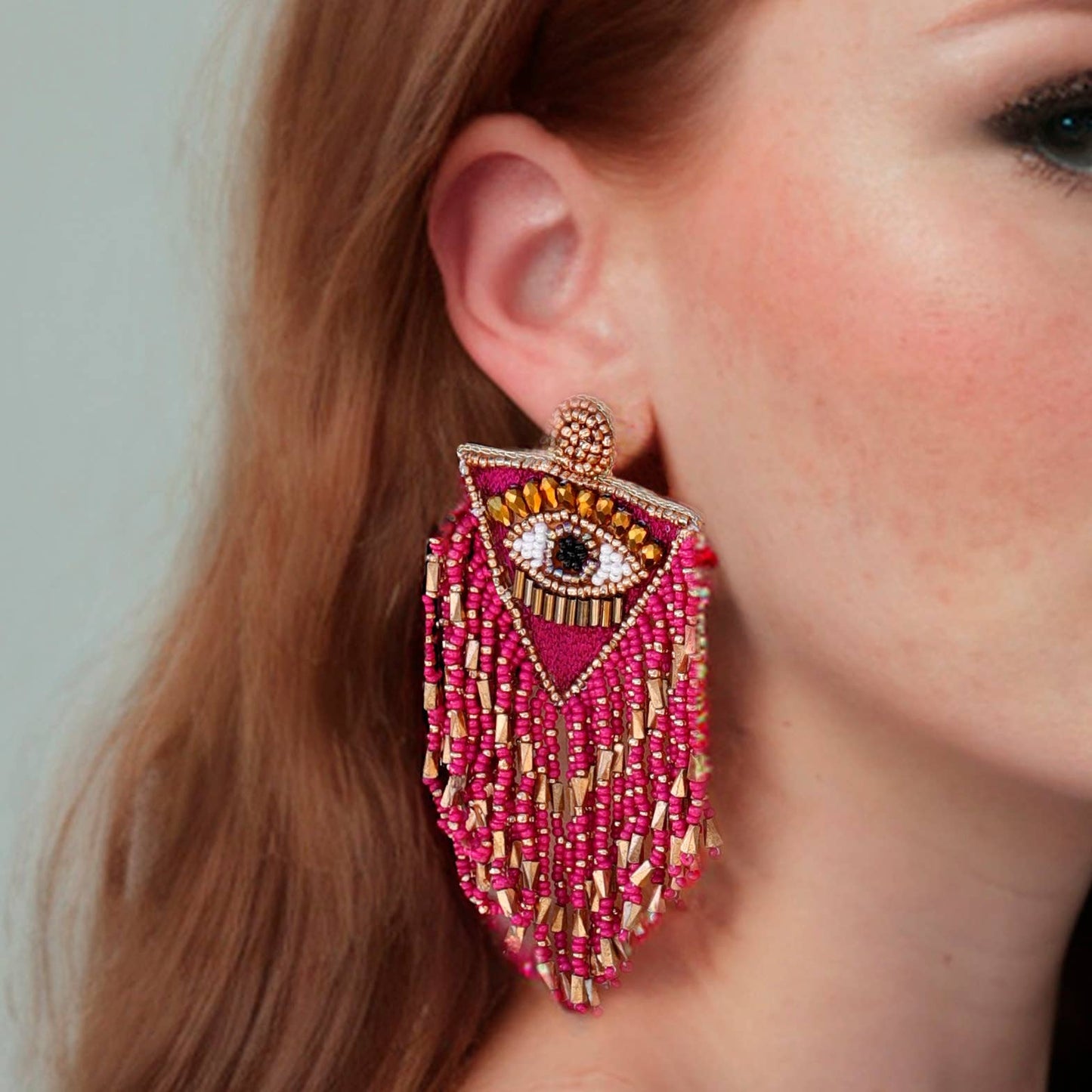 Türkisches Auge Quastenohrringe Perlen: Fuchsie