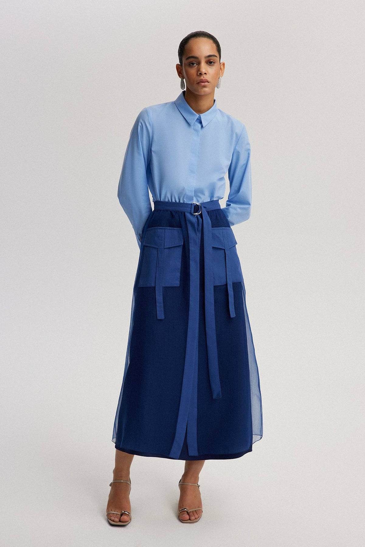Mehrlagiger Organza-Maxirock mit Gürtel – transparente Überlagerung: Navy Blau / Standart