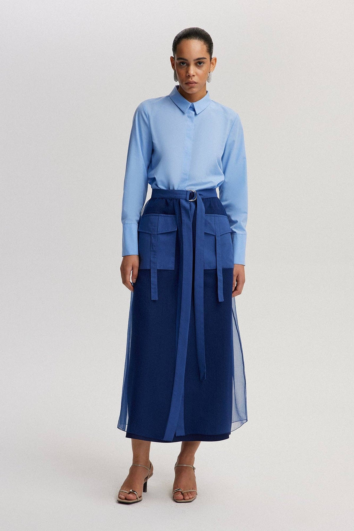 Mehrlagiger Organza-Maxirock mit Gürtel – transparente Überlagerung: Navy Blau / Standart