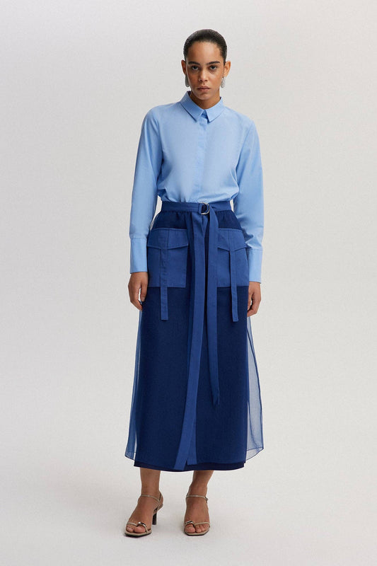 Mehrlagiger Organza-Maxirock mit Gürtel – transparente Überlagerung: Navy Blau / Standart