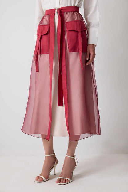 Mehrlagiger Organza-Maxirock mit Gürtel – Transparente Überlagerung: Bordo / Standart