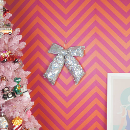 Weihnachtsdekoration - Schleife - Paillettenstoff - Silber - 32x40cm