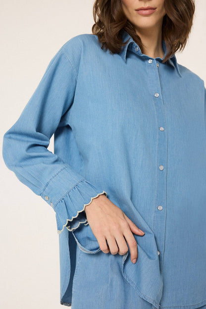 Baumwollbluse mit Muschelmanschetten – locker sitzende, zum Knöpfen: Icy Blue / S