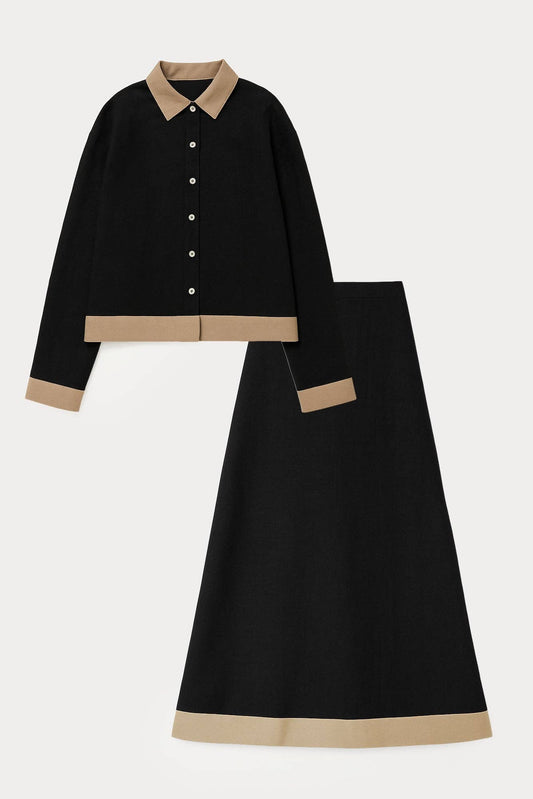 100 % BAUMWOLLE STRUKTURIERTES HEMD UND ROCK SET: Siyah / S