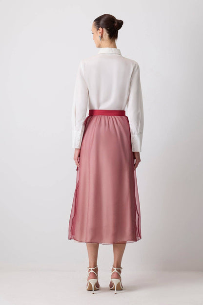 Mehrlagiger Organza-Maxirock mit Gürtel – Transparente Überlagerung: Bordo / Standart