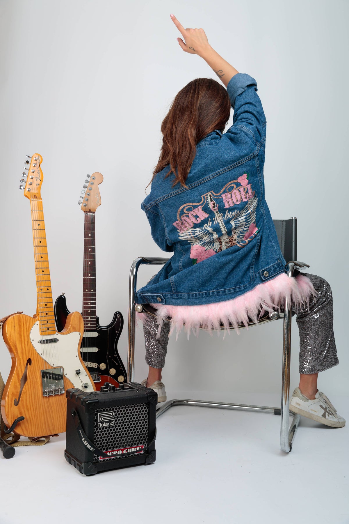 Festival Guitar Damenjacke mit pinken Federn: M