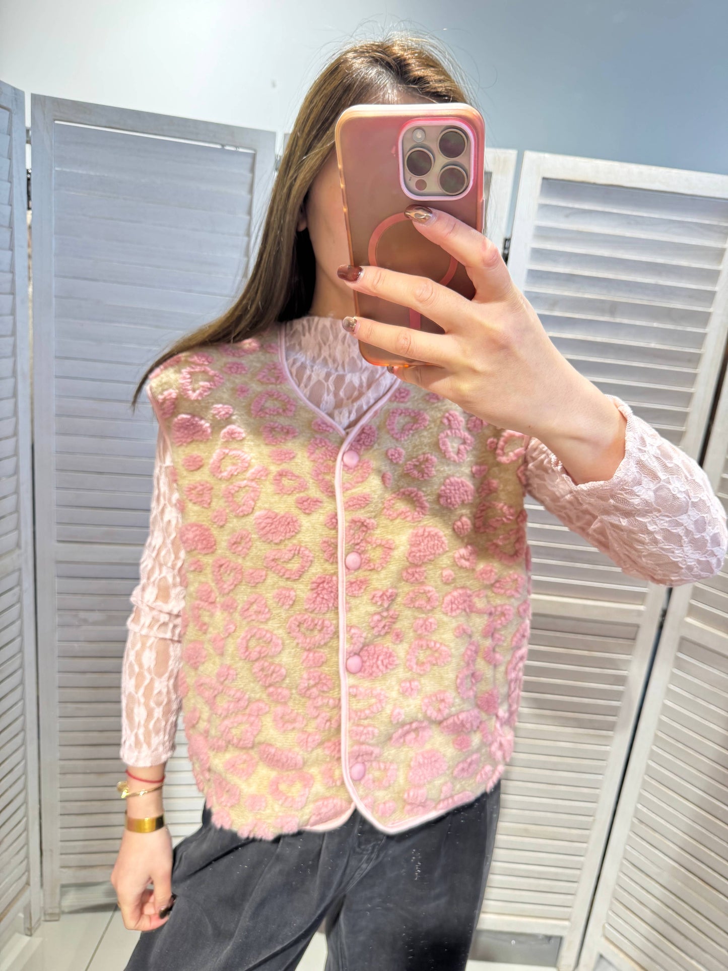 Weste mit Mustern in verschiedenen Texturen: Rose / Taille unique