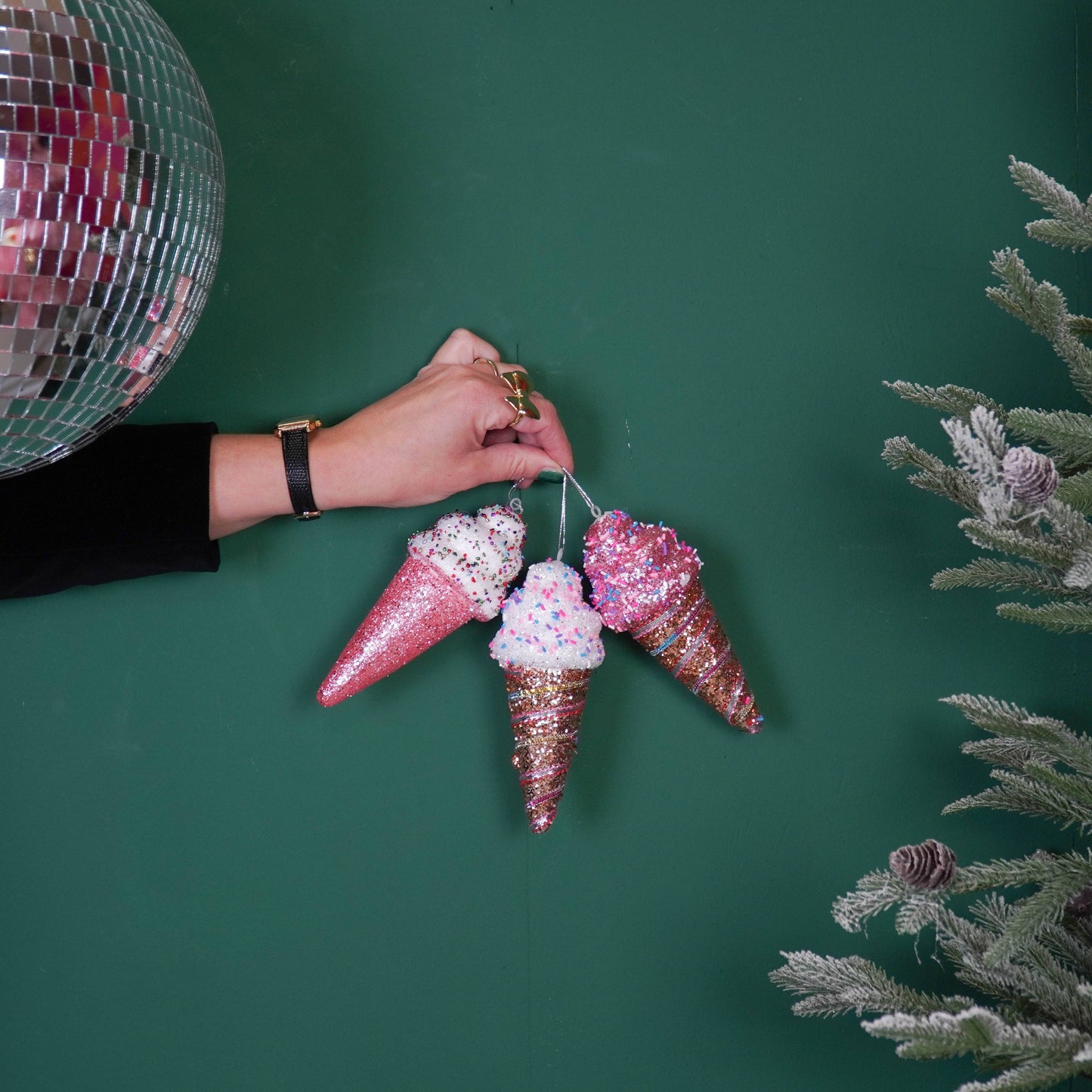 Weihnachtshänger - Eiswaffeln mit Discokugel-Dip - Set aus 3 - Pink - Schaumstoff - 8x7x15cm