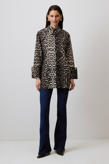Leopardenmuster Baumwollhemd mit breiten Manschetten: Leopar / S