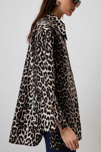 Leopardenmuster Baumwollhemd mit breiten Manschetten: Leopar / S