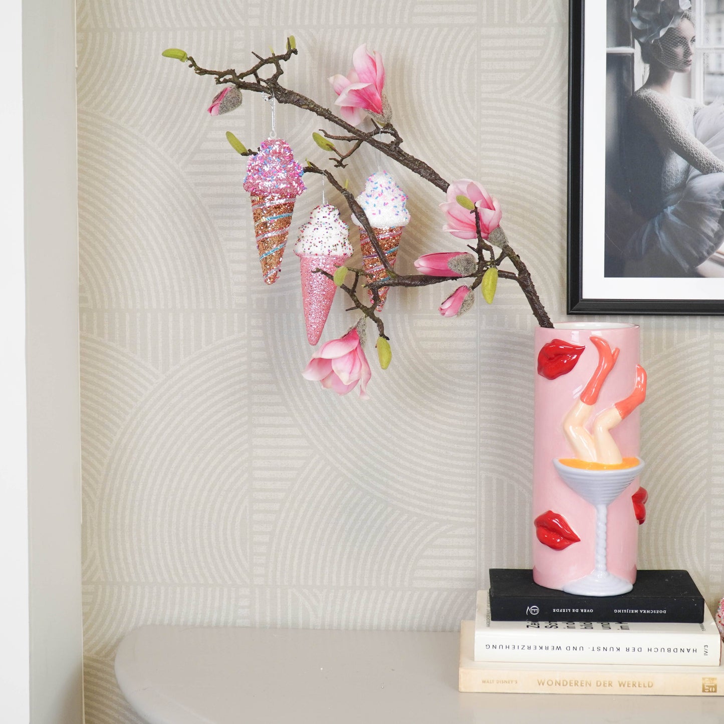 Weihnachtshänger - Eiswaffeln mit Discokugel-Dip - Set aus 3 - Pink - Schaumstoff - 8x7x15cm