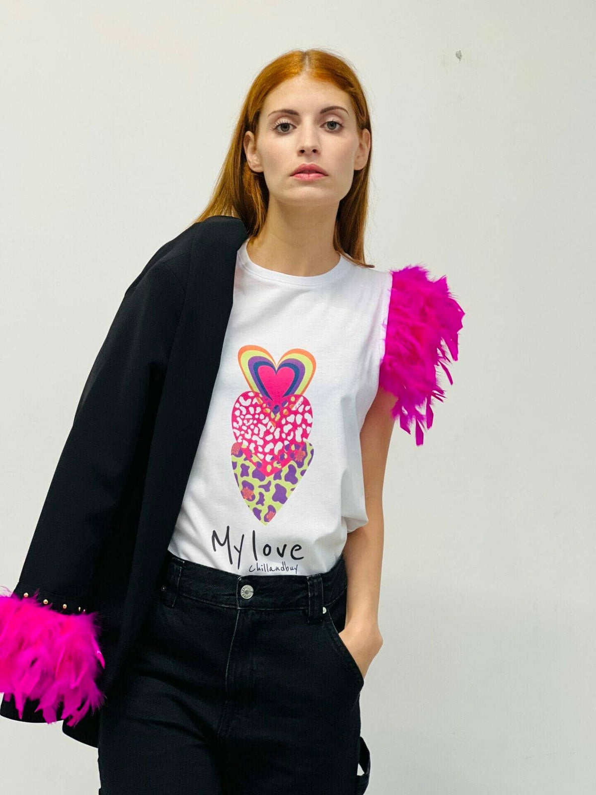 My Love T-Shirt mit Federn in Fuchsia: Leere / S