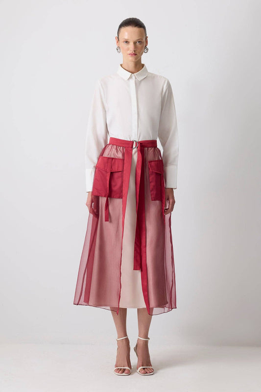 Mehrlagiger Organza-Maxirock mit Gürtel – Transparente Überlagerung: Bordo / Standart